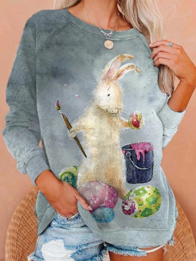 Women Easter Bunny Print Sweatshirt socialshop