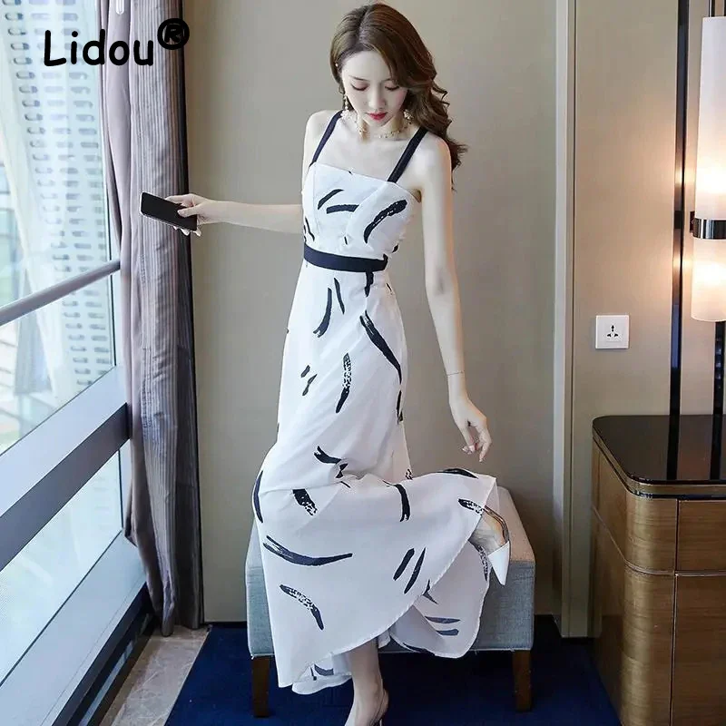 Jangj Style Black and White Stitching Chiffon Dress 2022 Spring Summer Korean Elegant Dress Women's Sleeveless OL Style Dress
