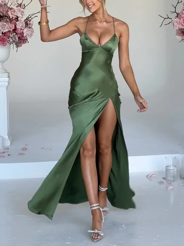 Backless Solid Color Split-Side Sleeveless Spaghetti-Neck Maxi Dresses