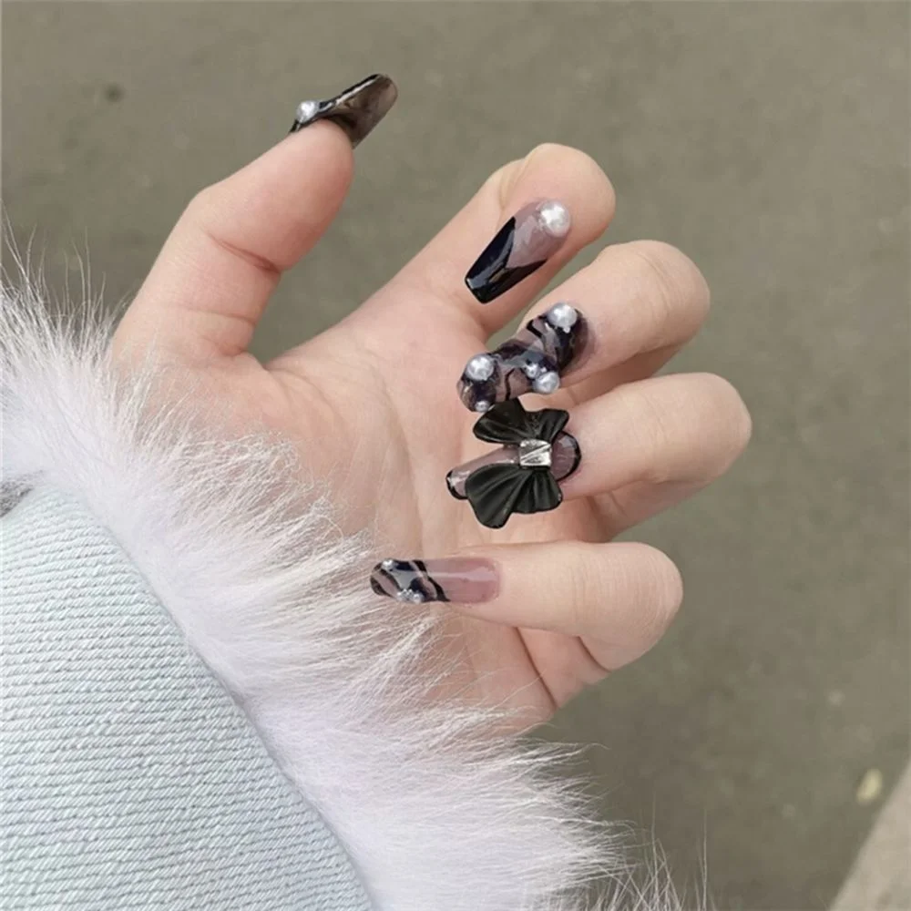 Churchf False Nails Coffin Wearable bow design Artificial Ballerina Fake Nails With Glue Full Cover Nail Tips Press On Nails