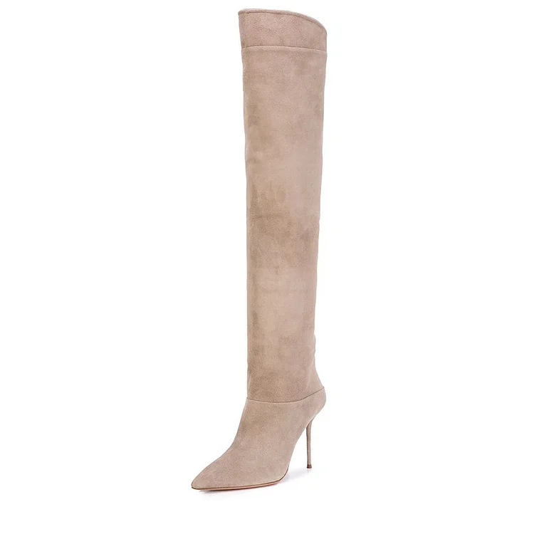 Khaki Suede Knee Stiletto Heel Boots with Pointed Toe Vdcoo