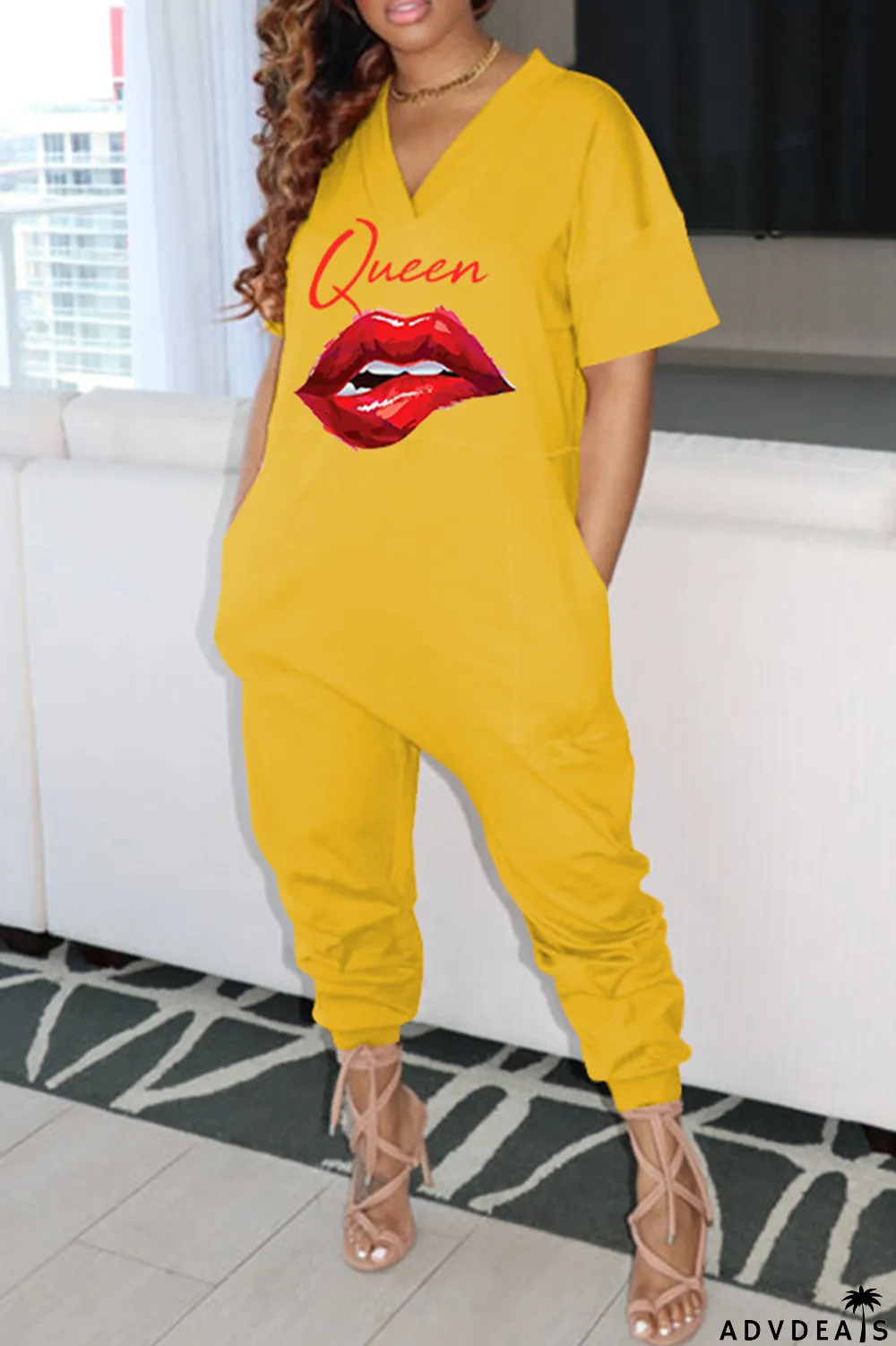 Green Fashion Casual Print Basic V Neck Regular Jumpsuits