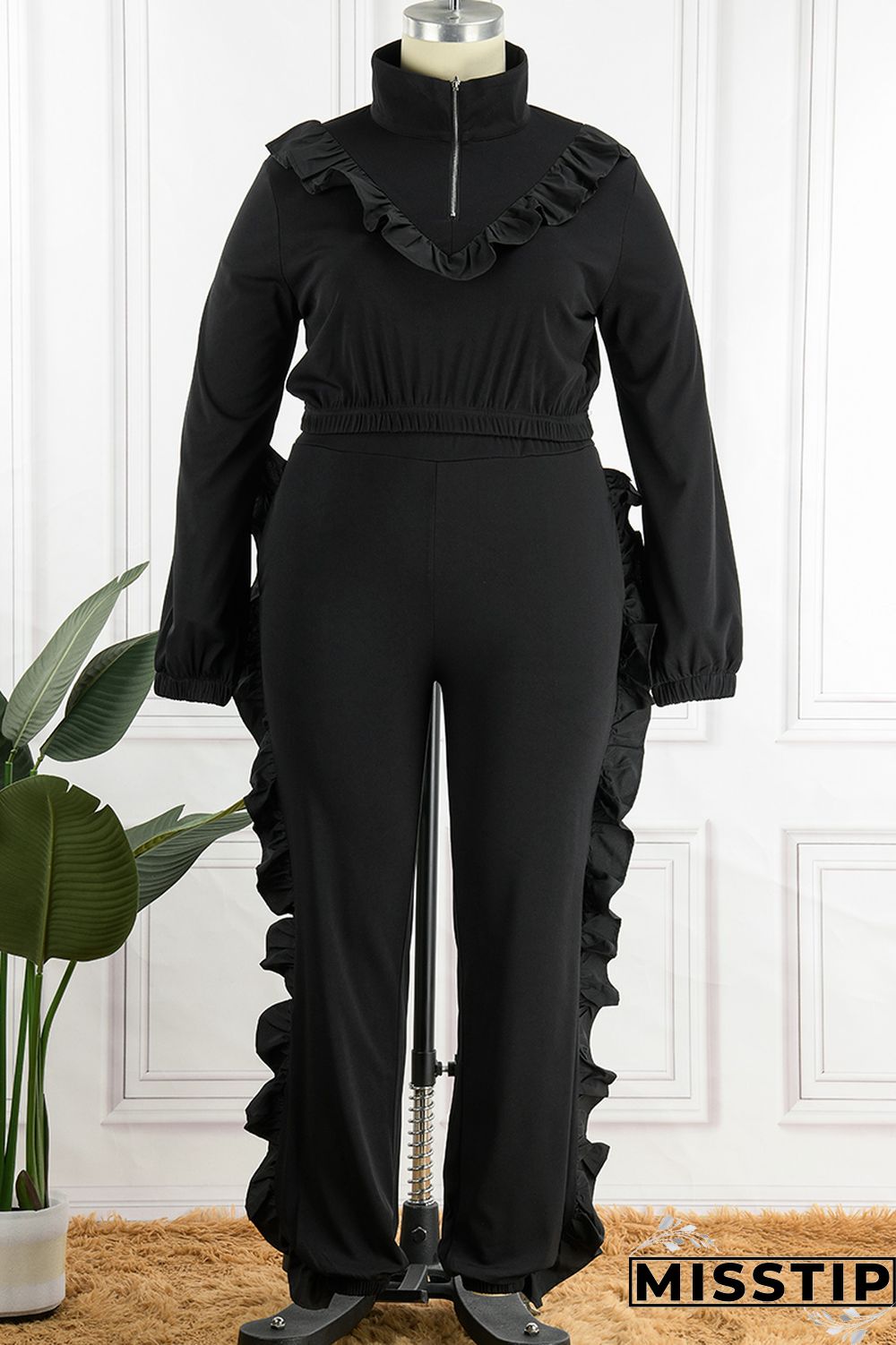 Black Casual Solid Patchwork Zipper Collar Plus Size Two Pieces