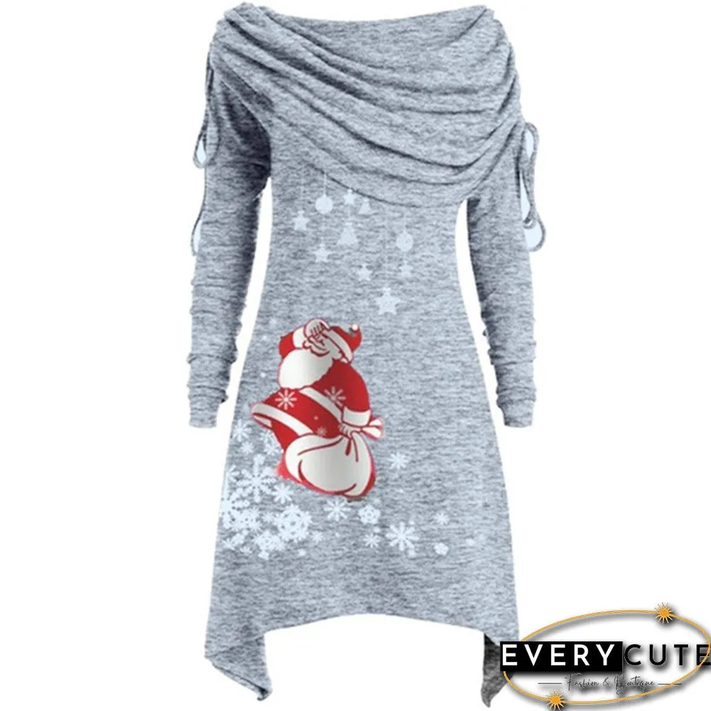 Fashion Women Christmas Dress Santa Claus Snowflake Print Foldover Collar Ruched Irregular