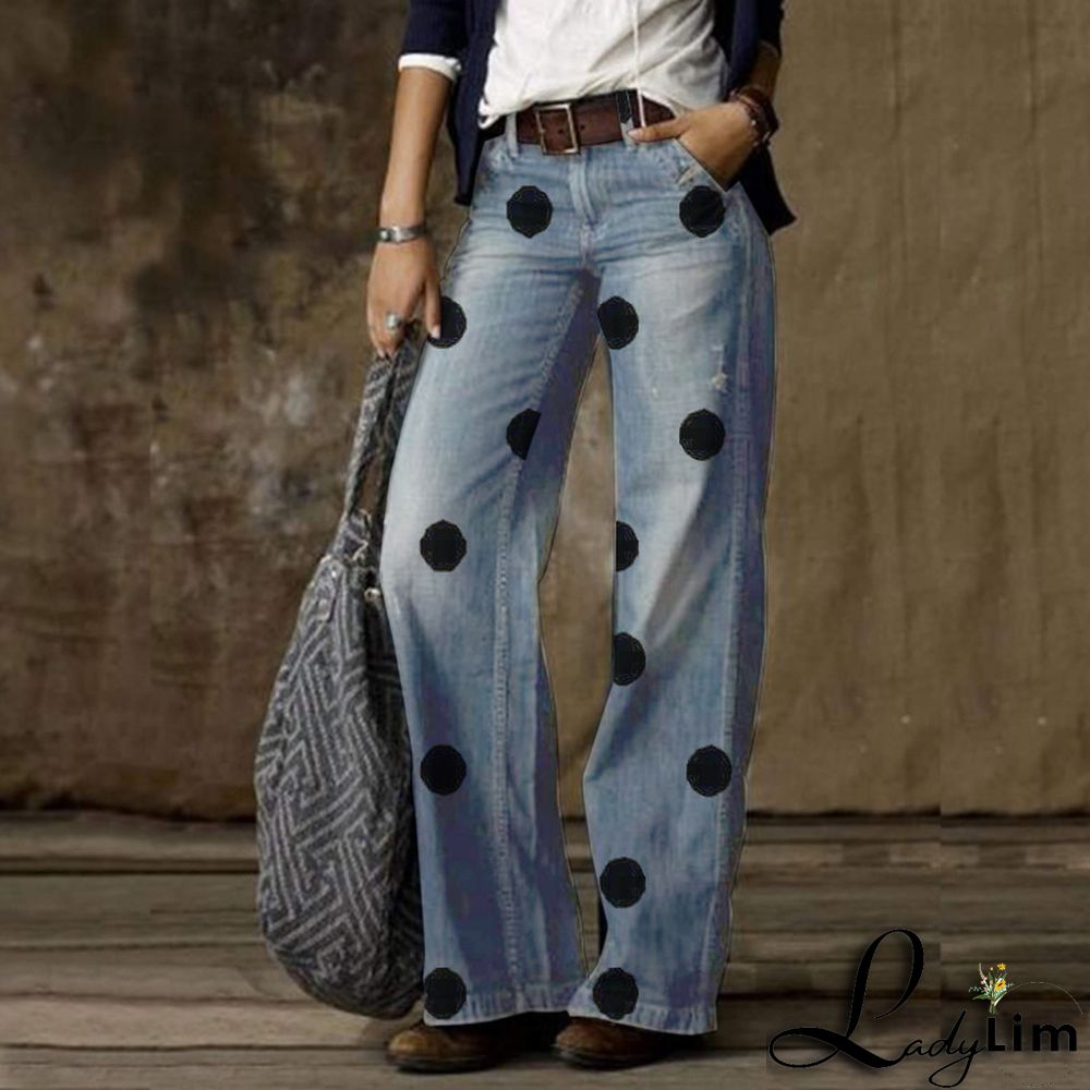 Vintage Fashion Casual Straight Wide Leg Ladies Denim Pants