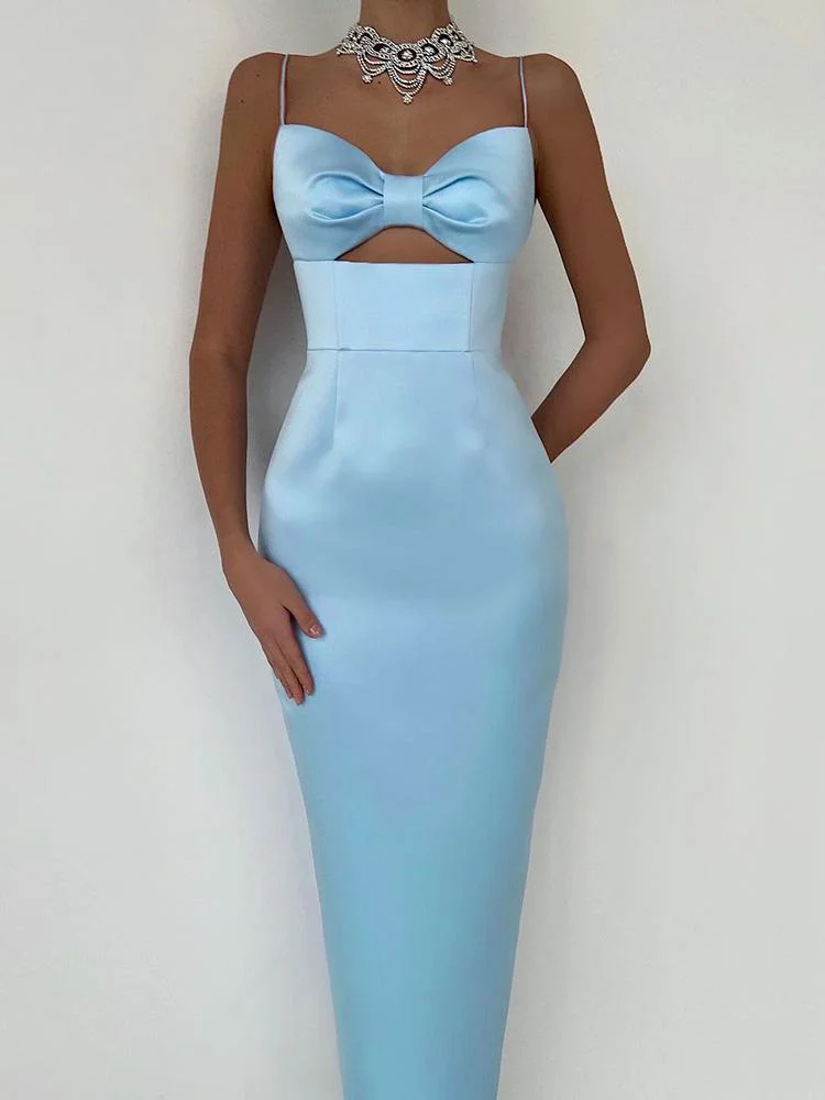 Neosepa-Spaghetti Straps Bow-shaped Bodice Cutout Detail Light Blue Sheat Dress
