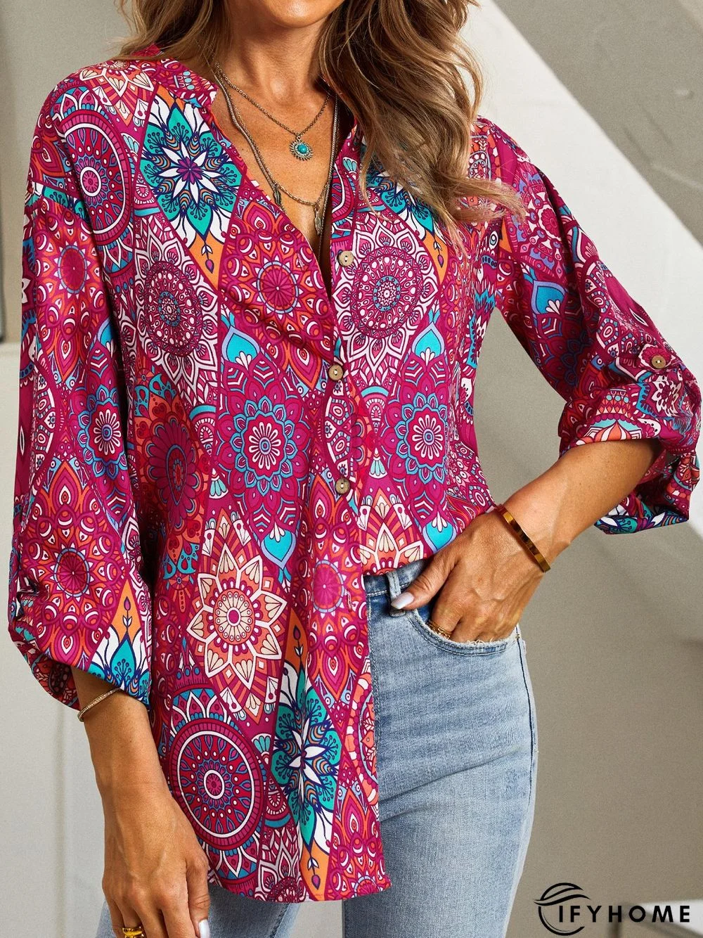 Ethnic 3/4 Sleeve Buttoned Casual shirt Tunic | IFYHOME