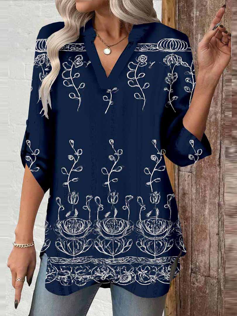 Women Floral,Blue DZGA0021 3/4 Sleeve V-neck Printed Graphic Button Tops