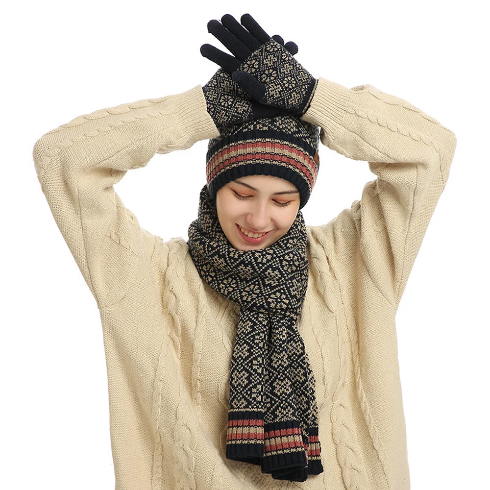 Smiledeer Fashion Comfortable Cold Protection Jacquard Hat Scarf Gloves Three Piece Set