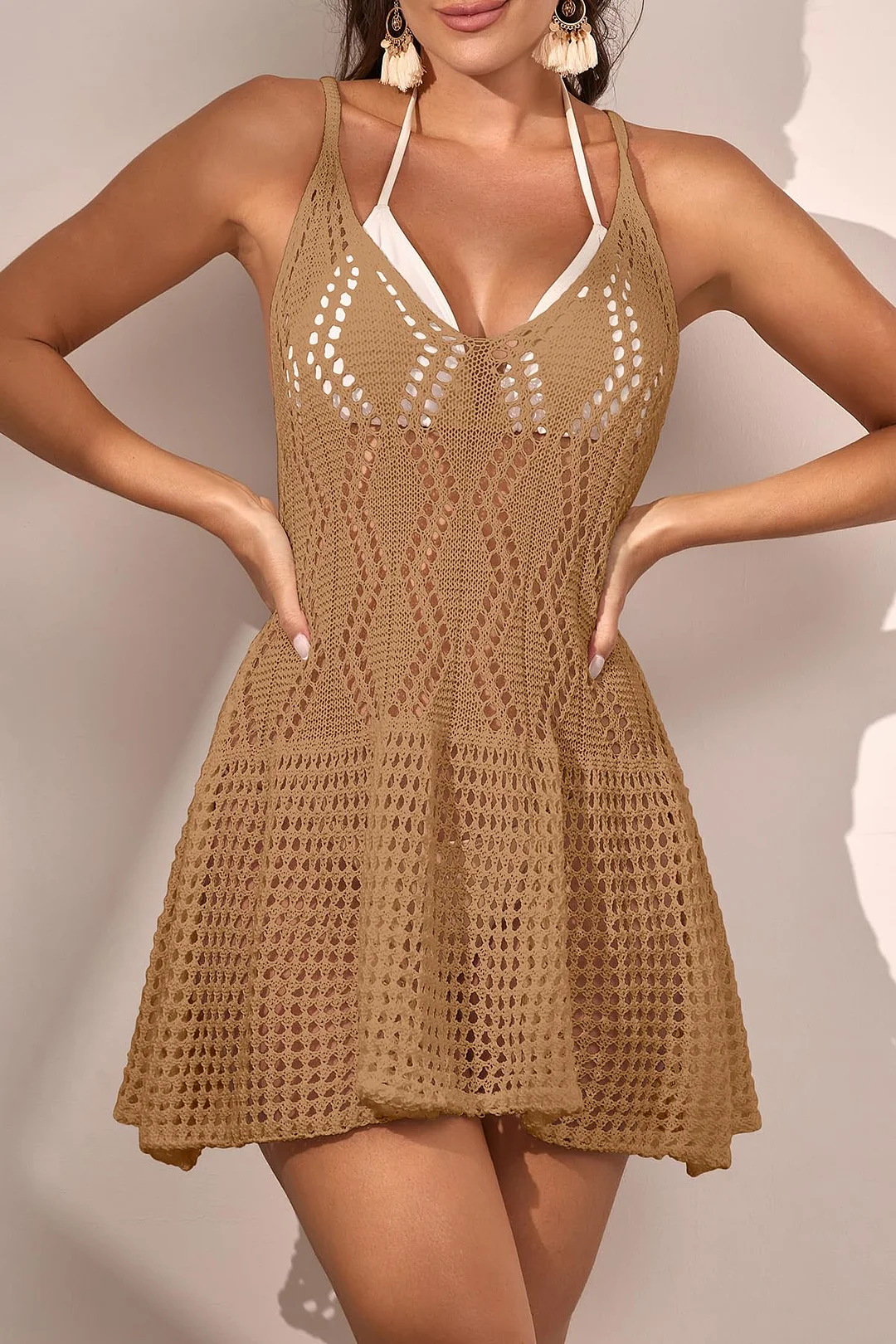 Sexy Backless Crochet V Neck Beach Cover Up