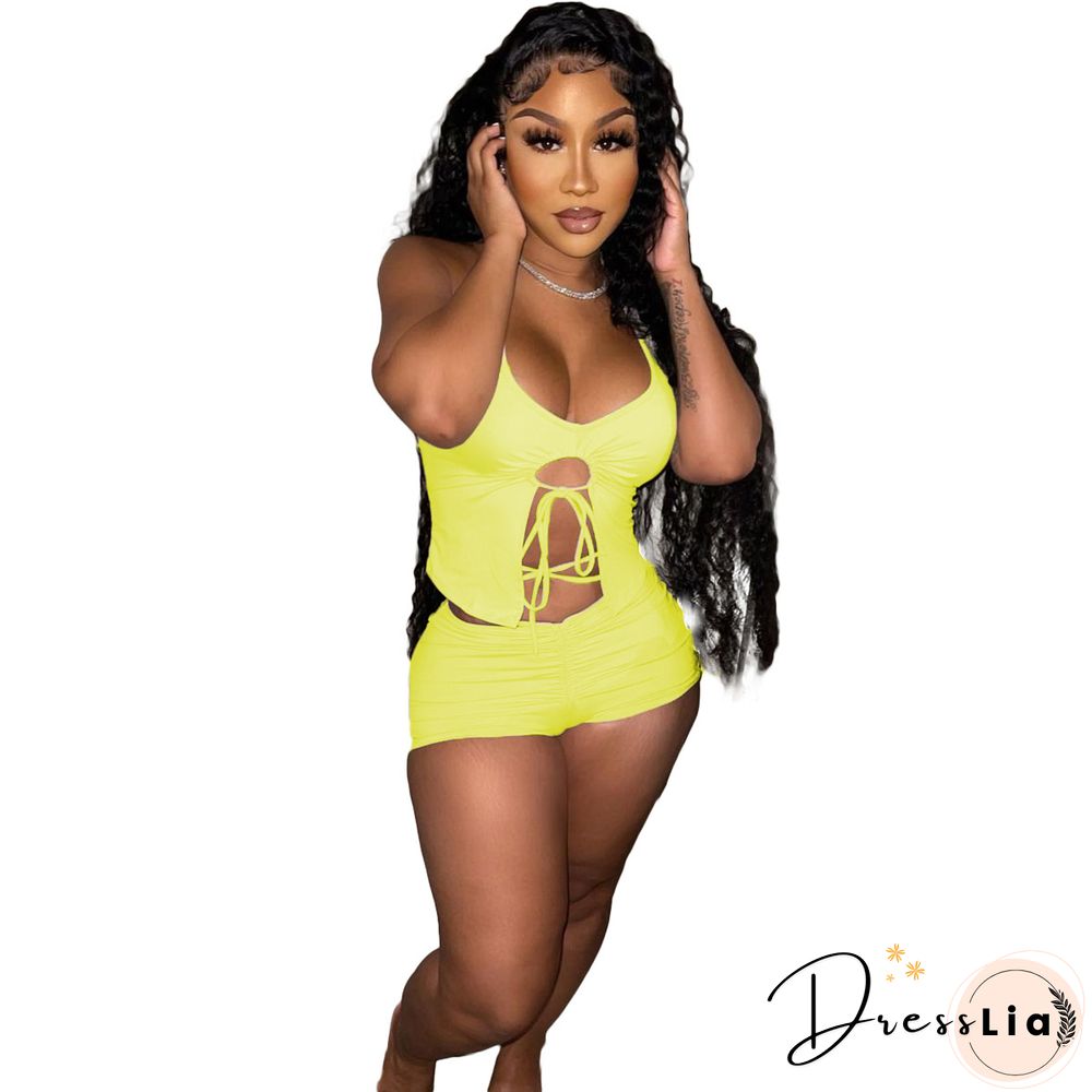 Summer Women Sexy Solid Color Irregular Hollow Out Sleeveless Halter Top Skinny Shorts Two Piece Suit