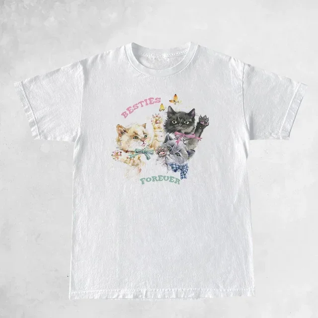 Women Cute Kitten Besties Forever Graphic Tops Fashion Oversized T-Shirt