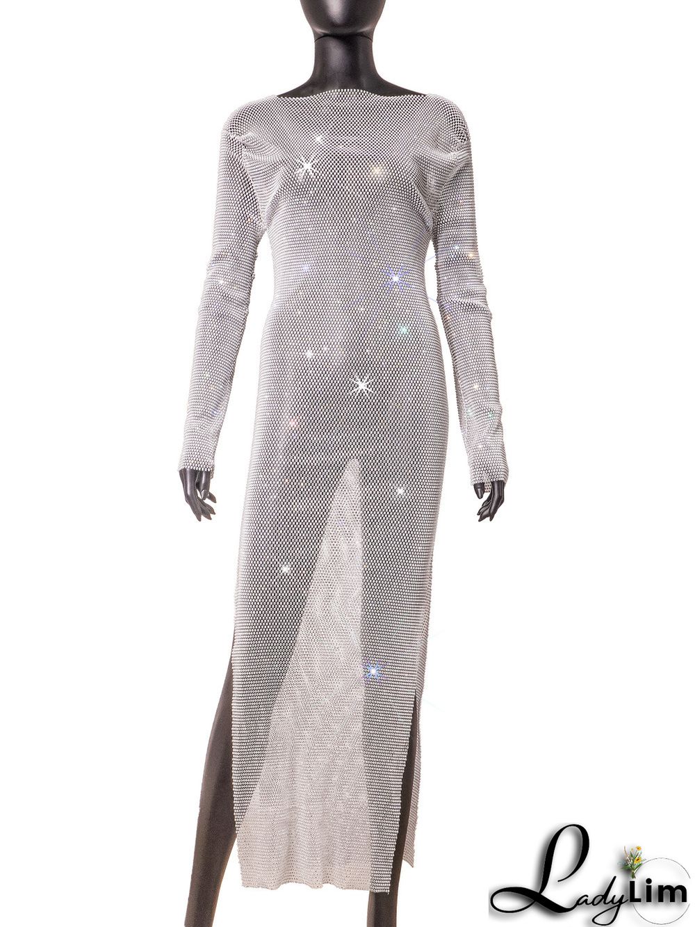 Women's Side Slit Party Night Round Neck Long Sleeve Sparkly Beaded Maxi Dress