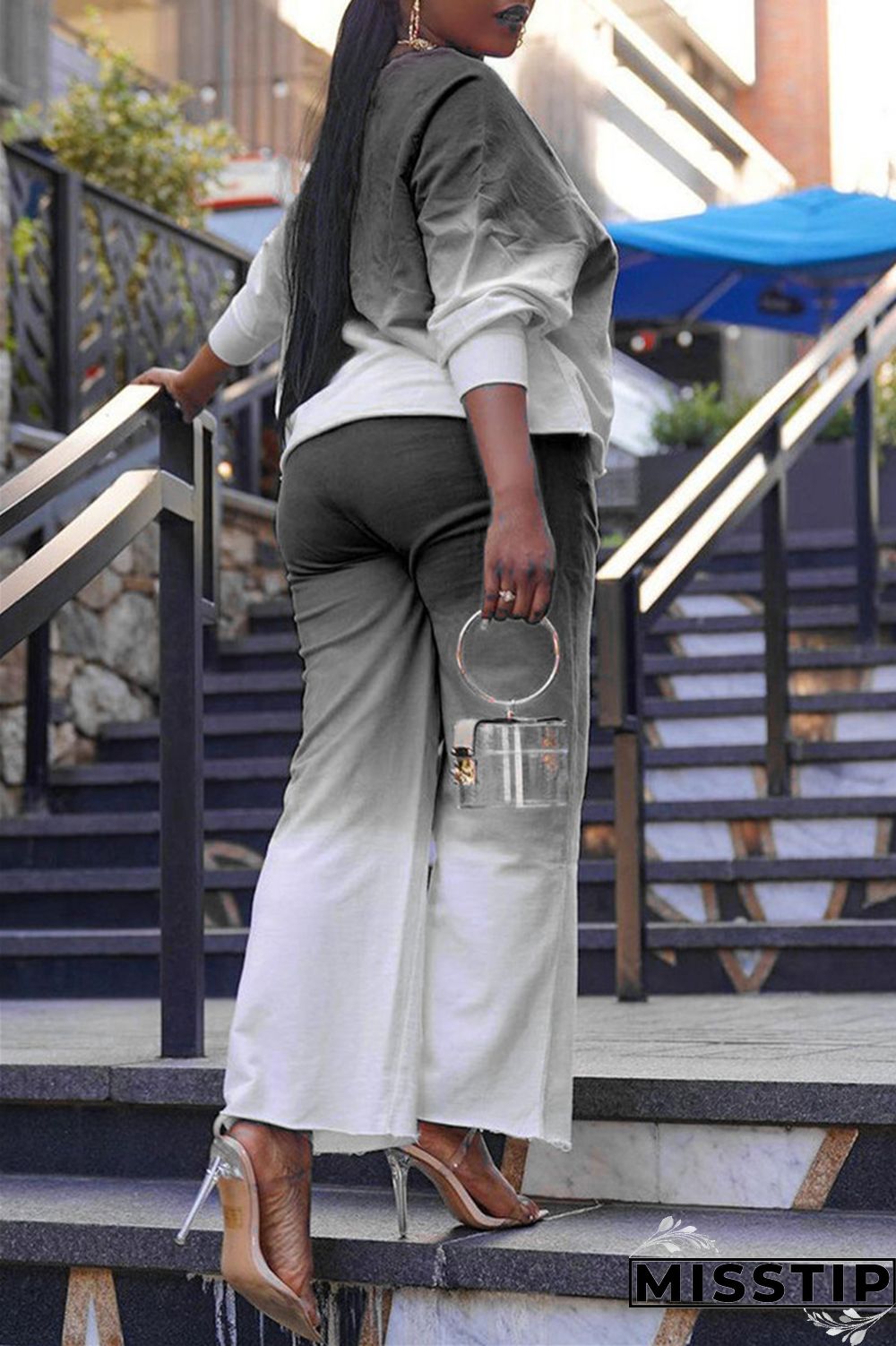 Blue Fashion Casual Gradual Change Letter Print Basic O Neck Long Sleeve Two Pieces