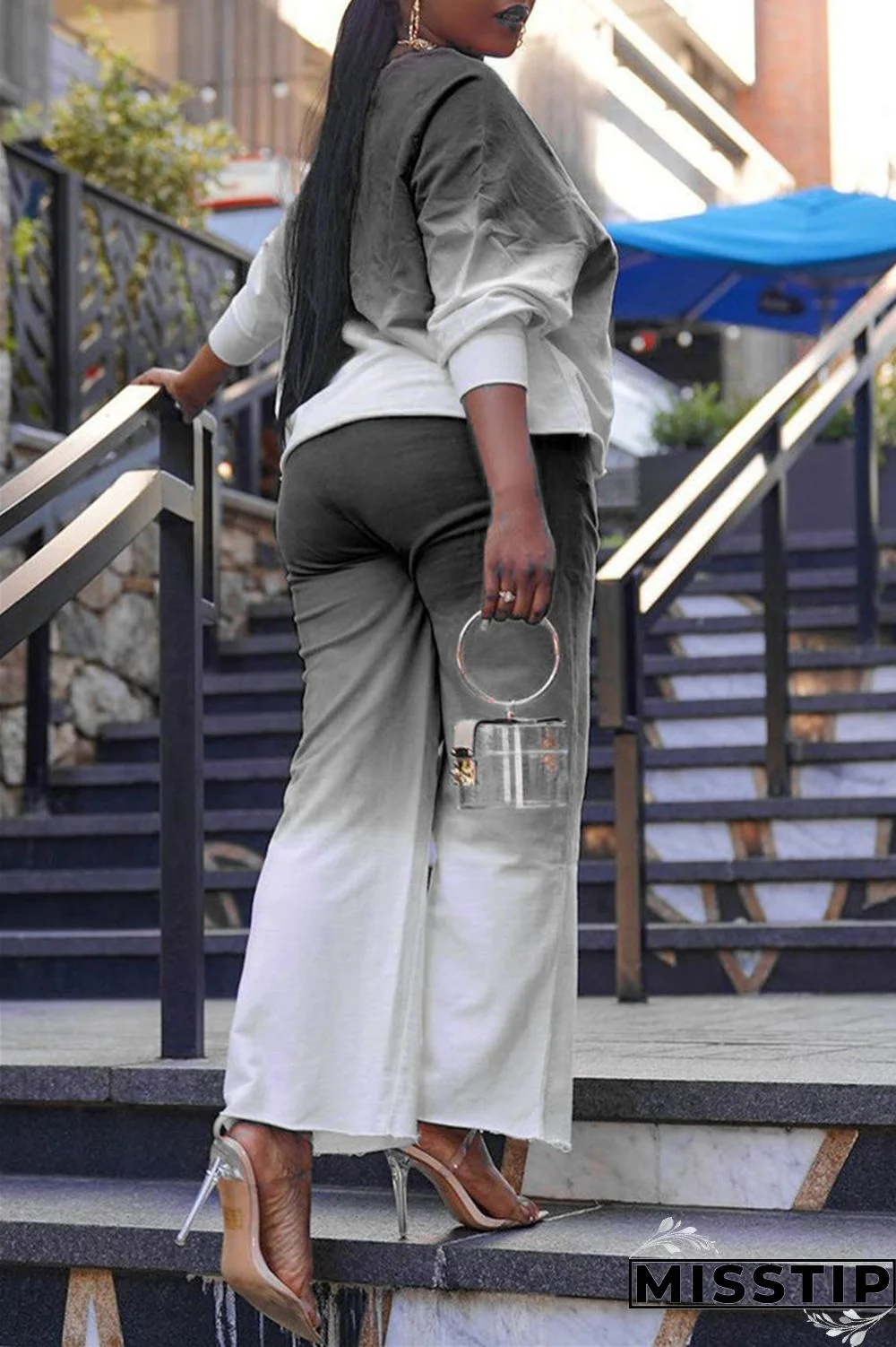 Blue Fashion Casual Gradual Change Letter Print Basic O Neck Long Sleeve Two Pieces