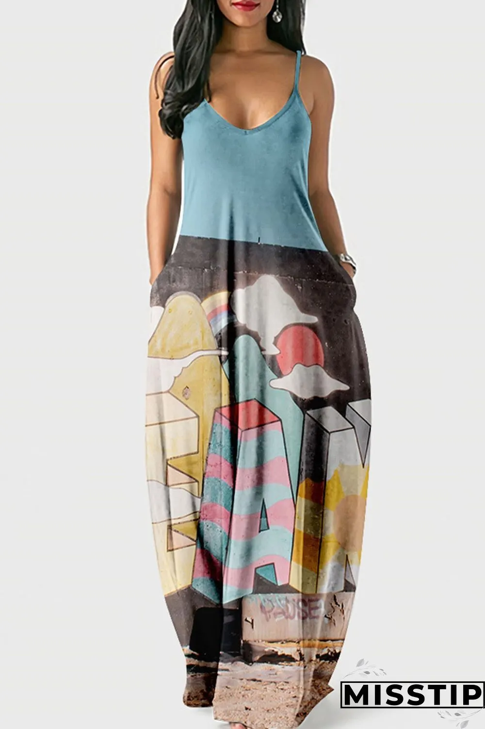 Red Street Print Patchwork Spaghetti Strap Lantern Dress Dresses