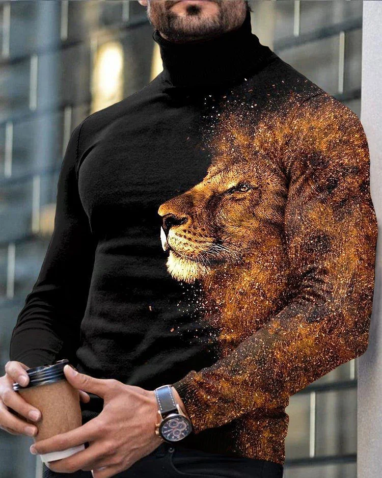 Men's Casual Lion Print Long Sleeve Turtleneck Top