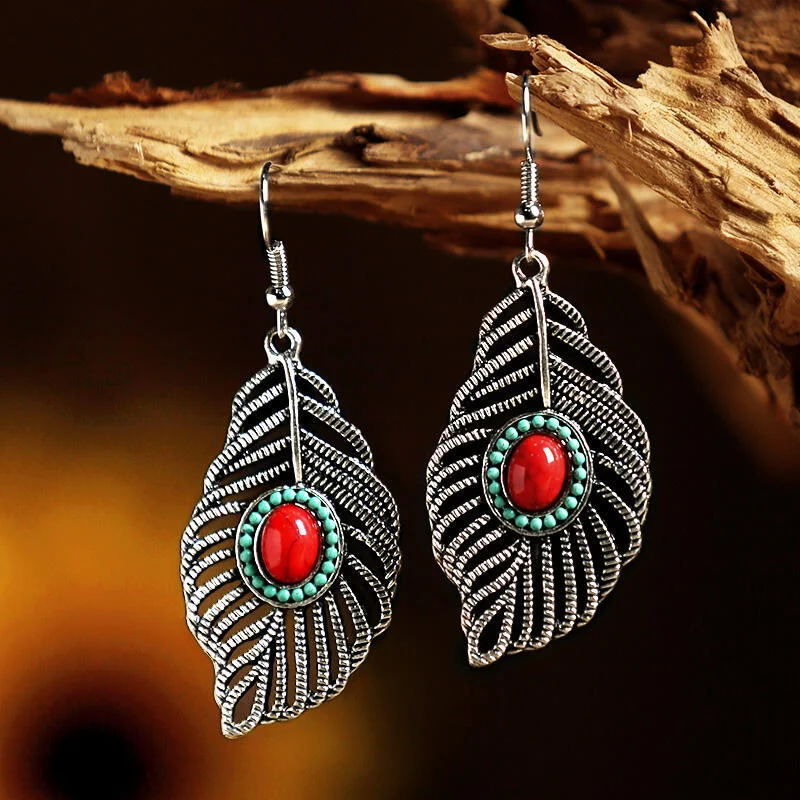 Ethnic Turquoise Hollow Out Feather Earrings