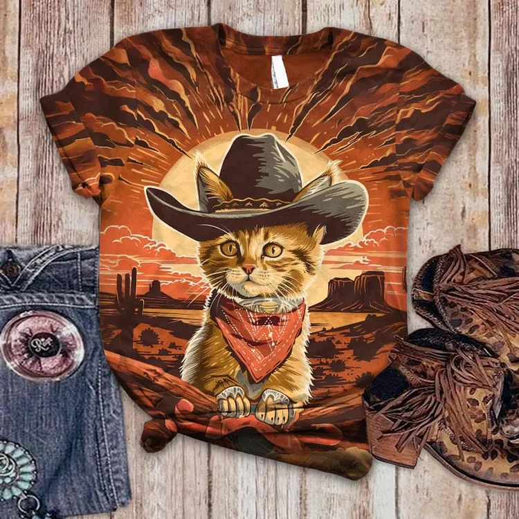 Women's Retro Cute Western Style Meowdy Partner Printed Casual Short-sleeved T-shirt