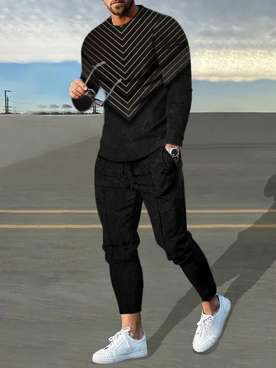 Men's fashion casual black print long sleeve two-piece set