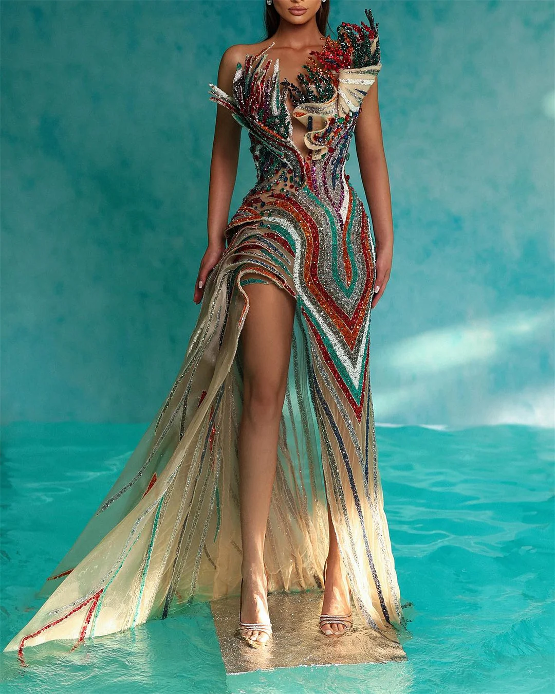 Women's Tube Top Slit Sequin Evening Dress