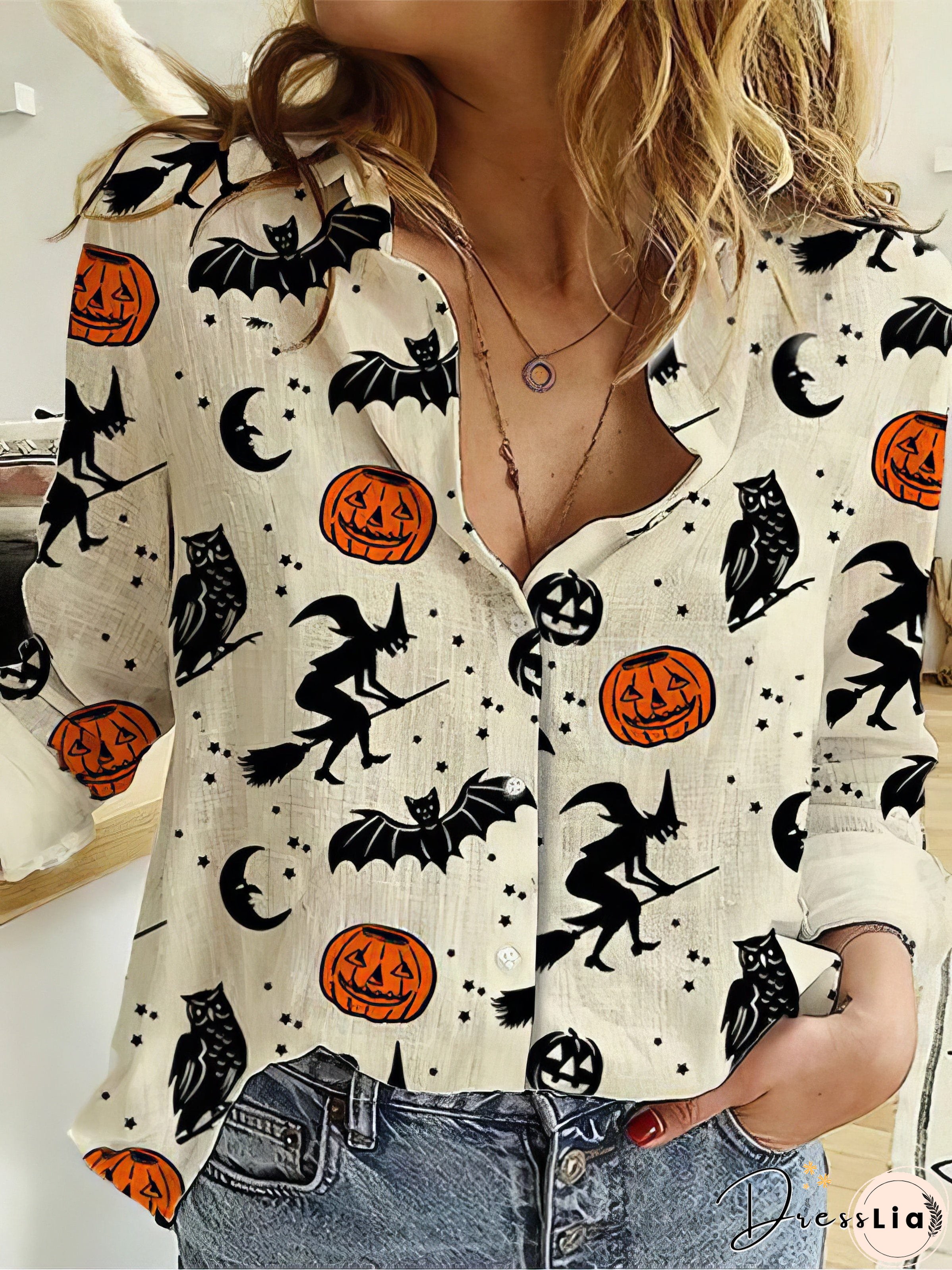 Halloween Pumpkin Bat Owl Witch Print Long Sleeve Shirt