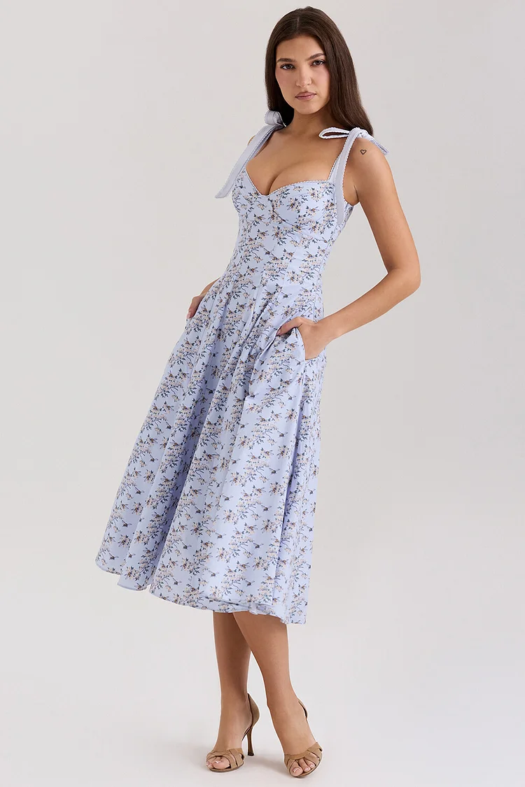 Tie Up Straps Ditsy Floral Print Cinch Waist Midi Dresses-Blue [Pre Order]