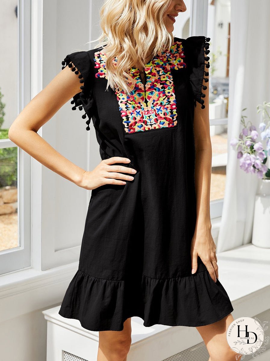 Embroidery Flutter Sleeve Mini Dress