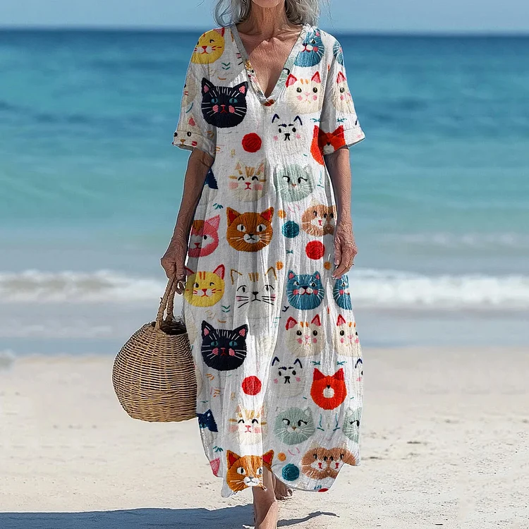 Vintage Cute Cat Embroidered Cozy Linenart Women'smaxi Dress