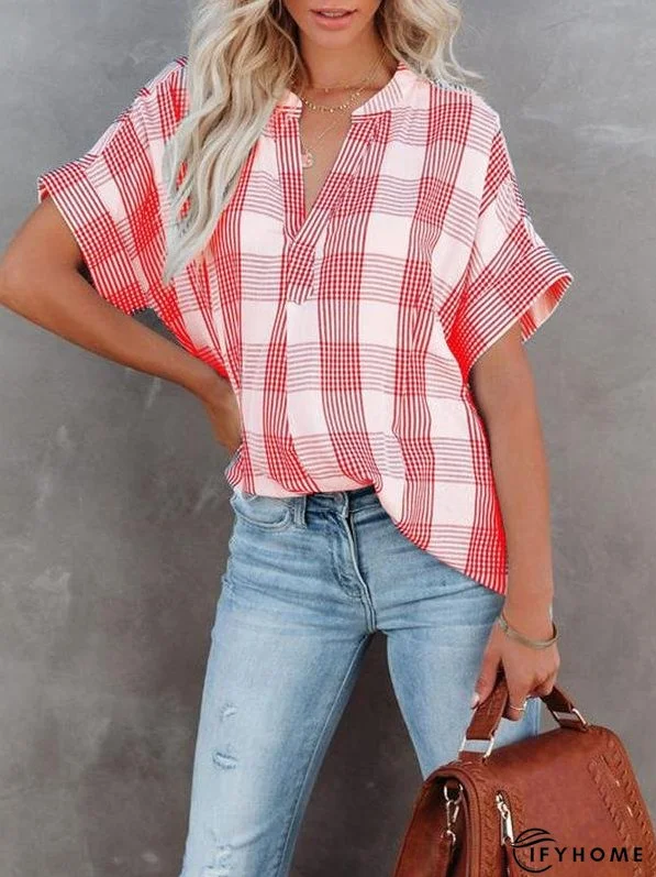 Women's Blouses V-Neck Plaid Short Sleeve Blouse | IFYHOME