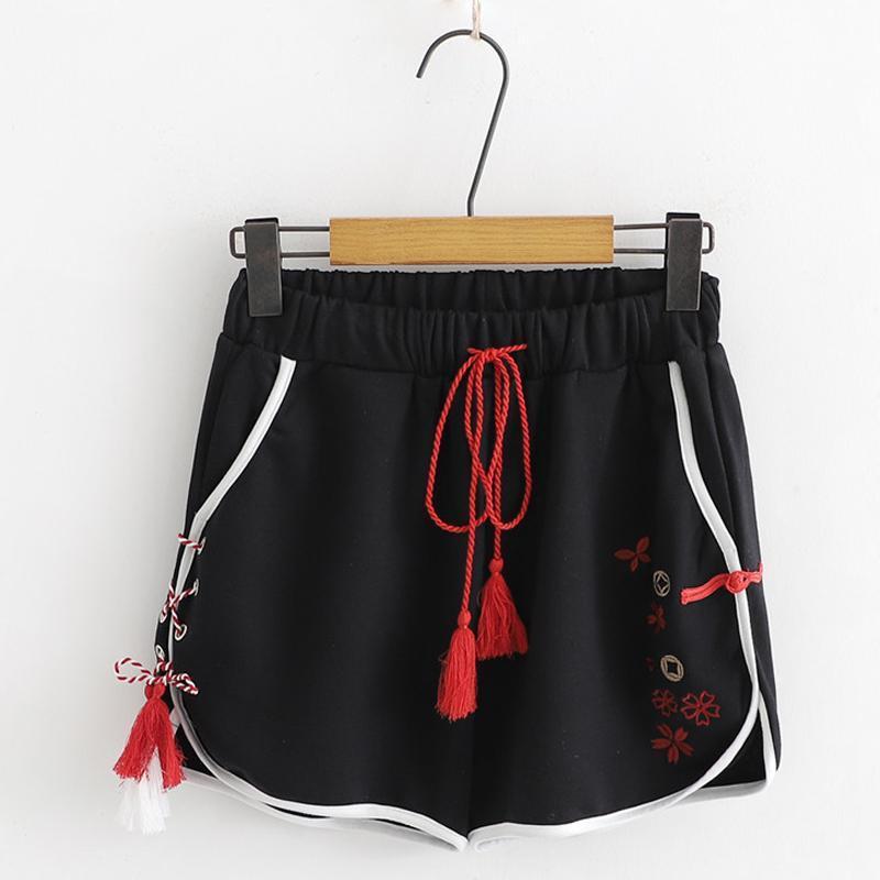 High Quality Cotton Sakura Embroidery Tassels Lace Up Shorts