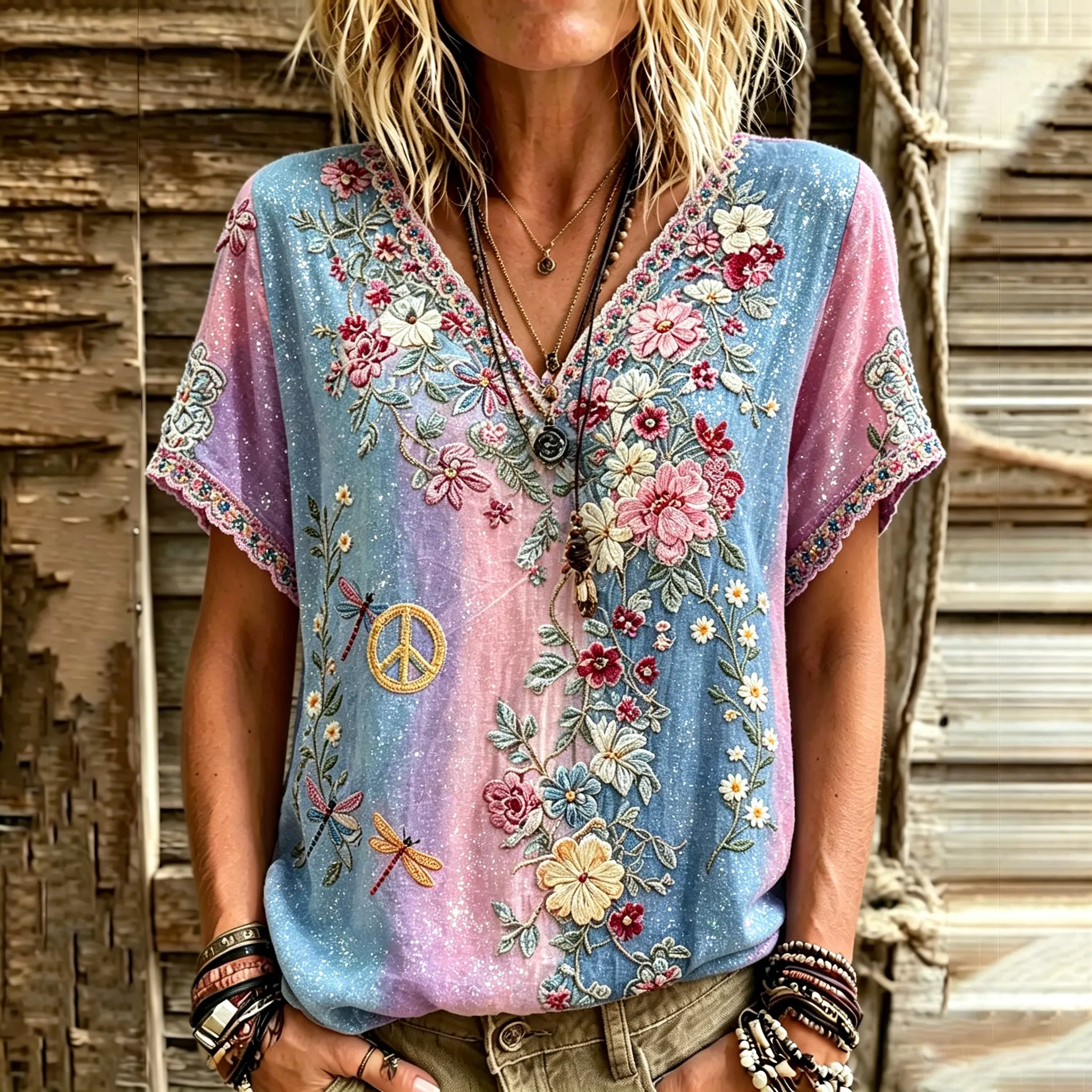 Comstylish Women's Retro Floral Dragonfly Hippie Rainbow Cotton Linen T-shirt