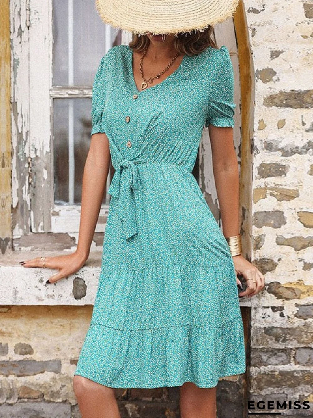 Floral Skirt High Waist Green Slim Slim V-neck Dress | EGEMISS