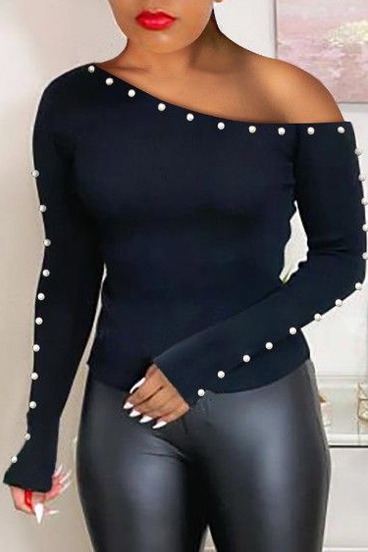 Plus Size Black Casual One Shoulder Pearl Decoration Long Sleeve Sweater [Pre-Order]