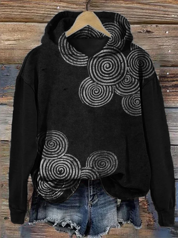 Simple Sea Waves Japanese Lino Art Cozy Hoodie