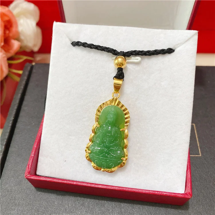 Green Guanyin Buddha Pendant Necklace Buddhist Amulet Jewelry-VESSFUL