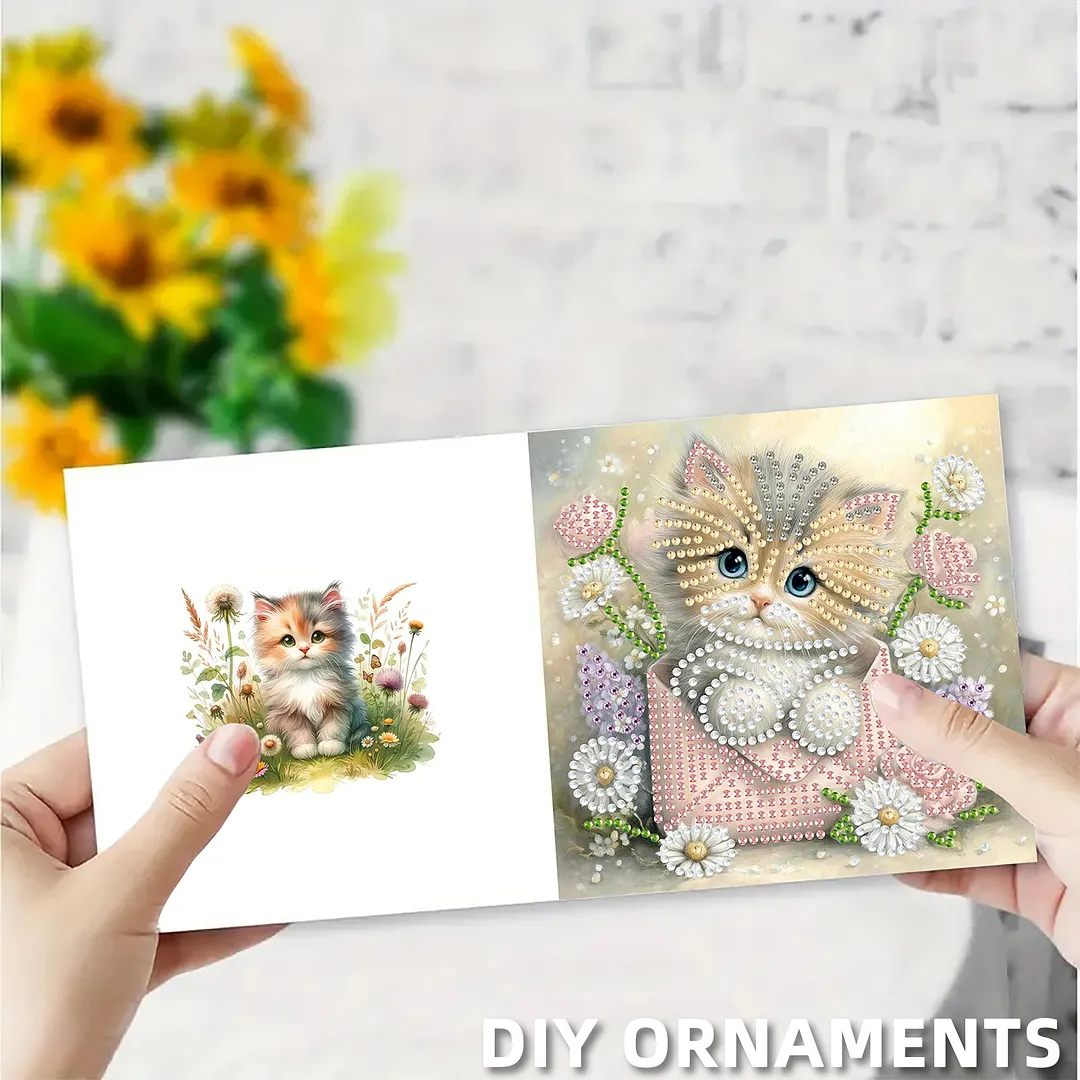 6pcs Cat And Flower Pattern DIY Diamond Painting Greeting Card Set with Envelope Diamond Painting Daily Wishing Cards for Birthdays Thanksgiving & Special Occasion
