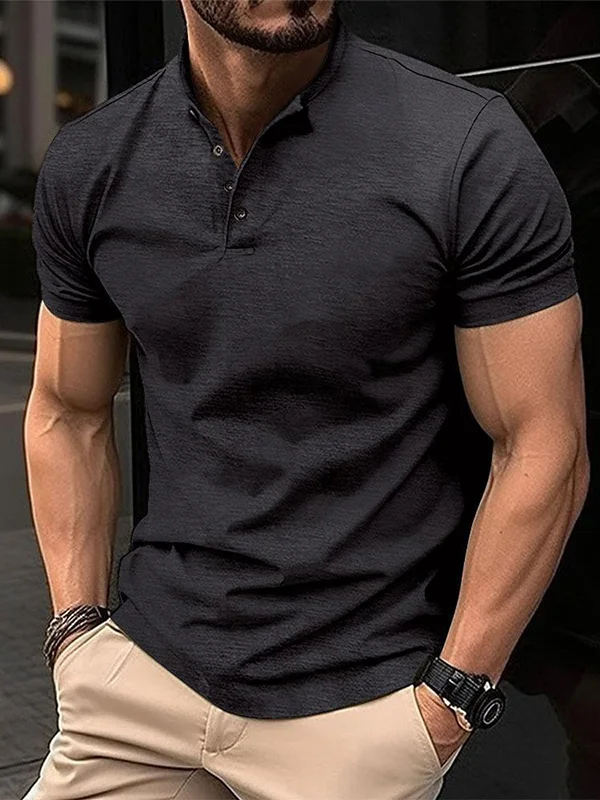 Men's Casual Plain Half Button Short Sleeve Slim Fit Polo Shirt