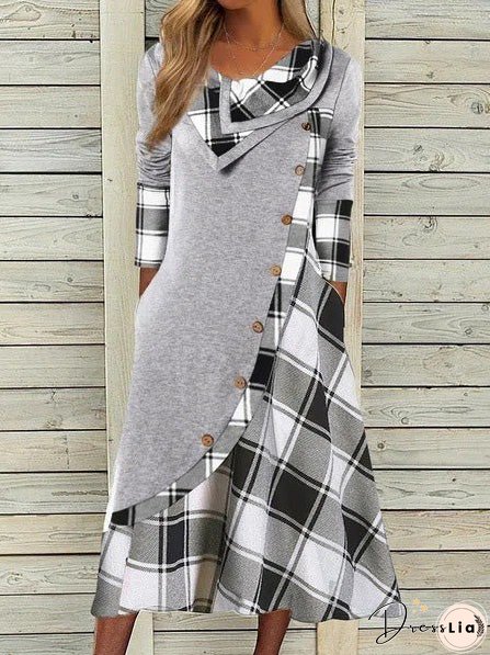 Women's Dresses Check Panel Button Pocket Long Sleeve Dress
