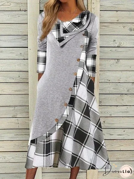 Women's Dresses Check Panel Button Pocket Long Sleeve Dress