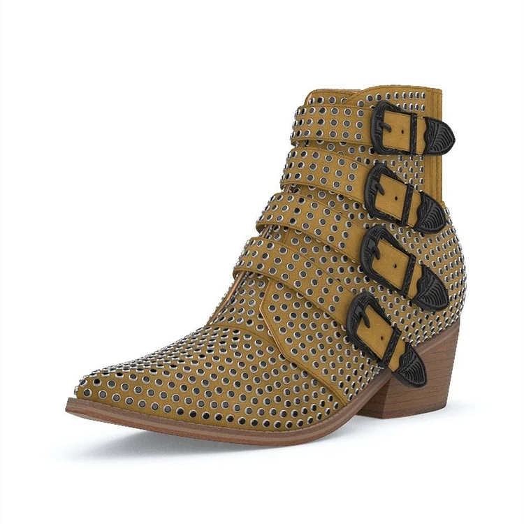 Dark Yellow Buckles Studs Fashion Boots Block Heel Ankle Boots |FSJ Shoes