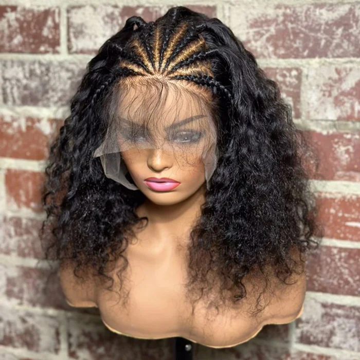 WeQueen 16 Inches 13x6 Seven Braids with Half Curls Lace Frontal Wigs 200% Density-100% Human Hair