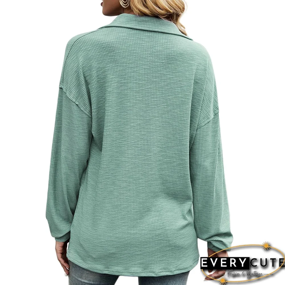 Pea Green Button-up Lapel Collar Long Sleeve Tops