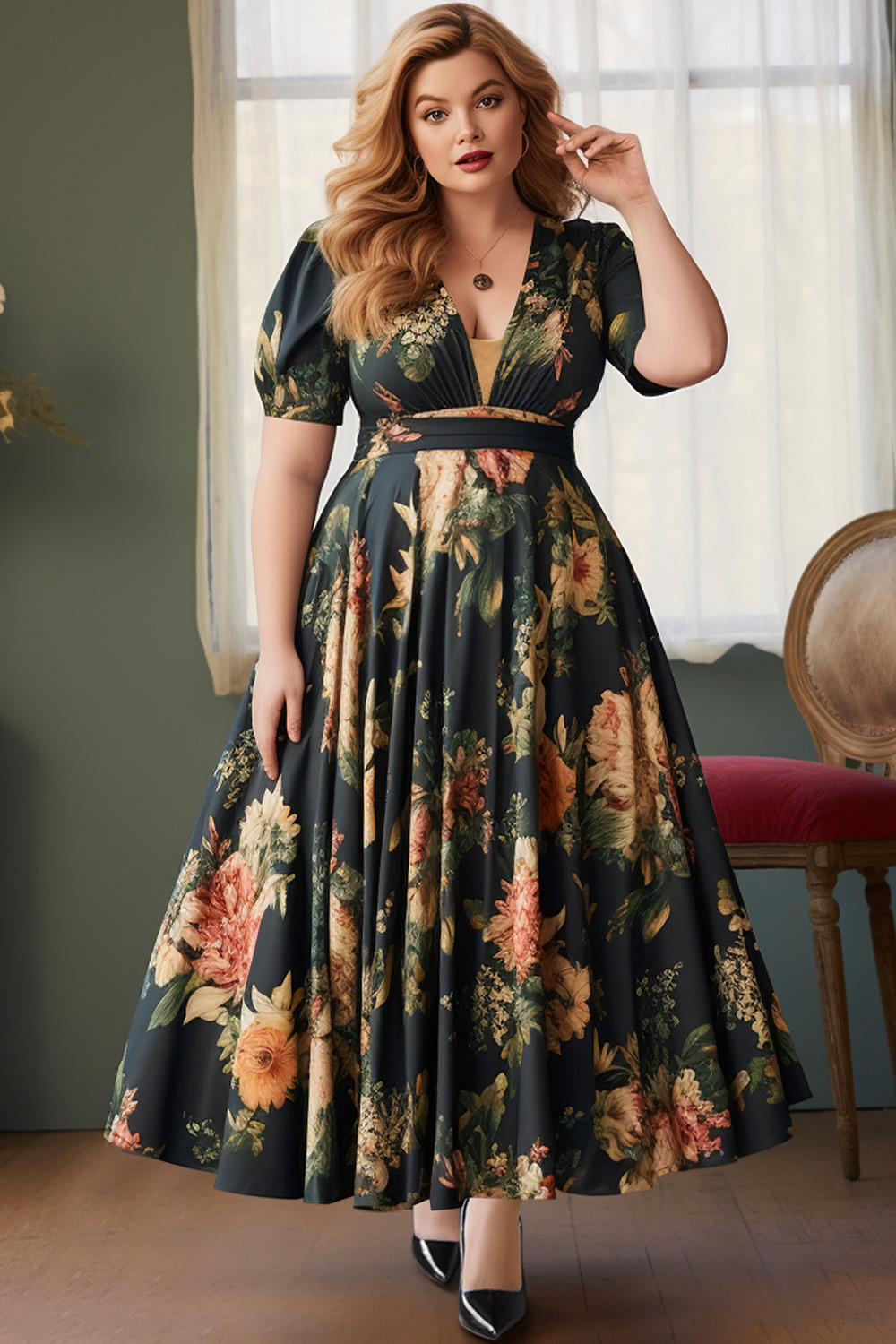 Flycurvy Plus Size Wedding Guest Navy Blue Cotton Floral Print Puff Sleeve Deep V Neck Maxi Dress 2024 - Flycurvy 