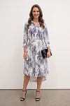 BENANCY GARMENT elegant blue and white floral print shirt dress with tie-waist for mature women