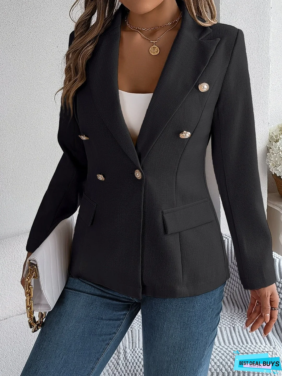 Decorative Pocket Flap Lapel Collar Long Sleeve Blazer