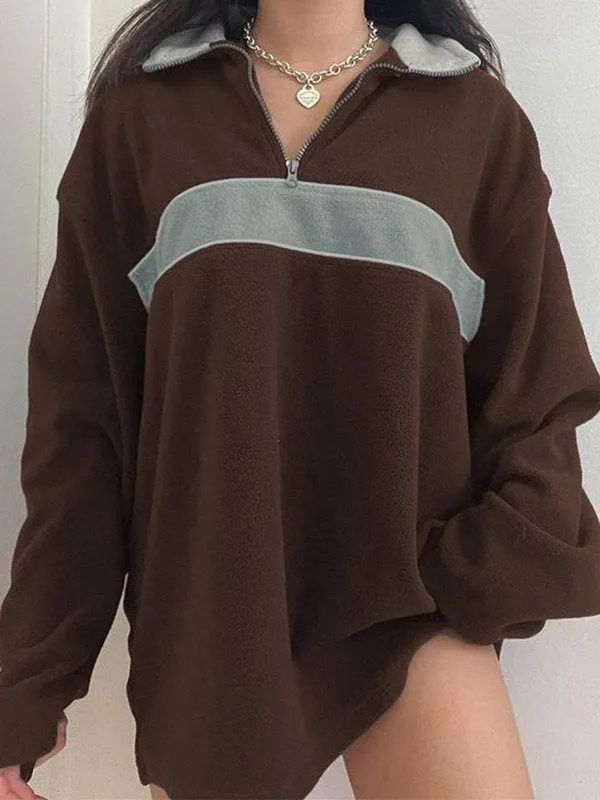 Brownm retro sports fleece sweatshirt with patchwork and zipper