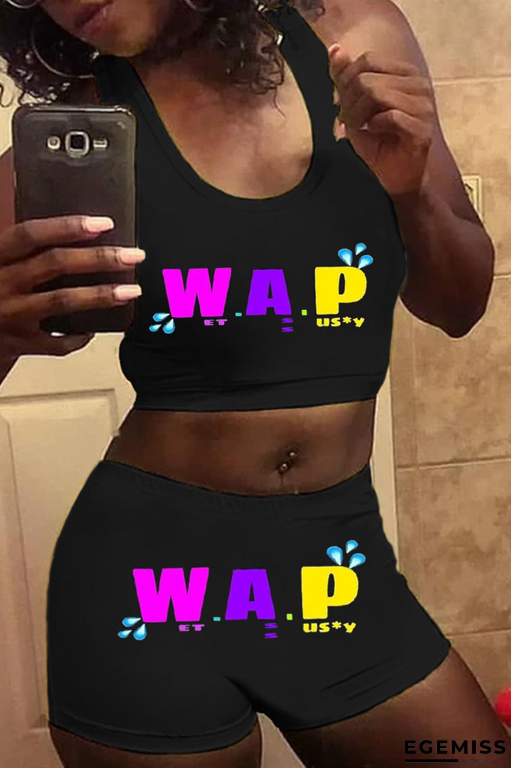 Black Casual Sportswear Sleeveless U Neck Tank Short Print Two Pieces | EGEMISS