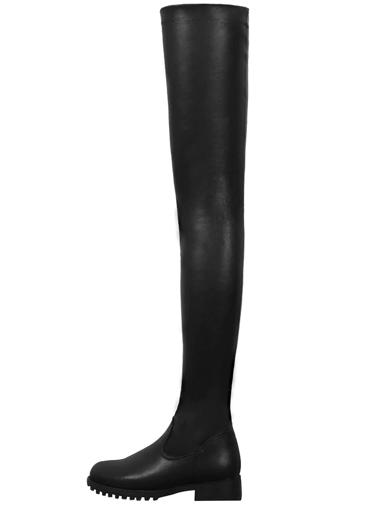 PU Leather Over Knee Thigh High Boots Plus Size Shoes-Flat Over Knee Boots