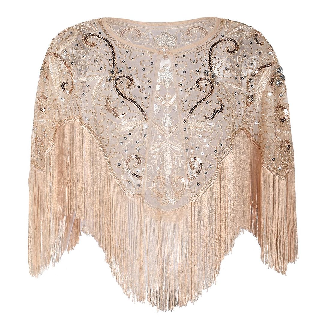 Women's 1920s Shawl Vintage Sequin Fringed Bolero Flapper Evening Cape